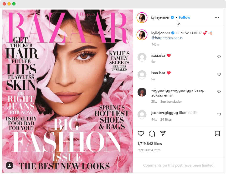 Kylie Jenner on the front page of the magazine Bazaar