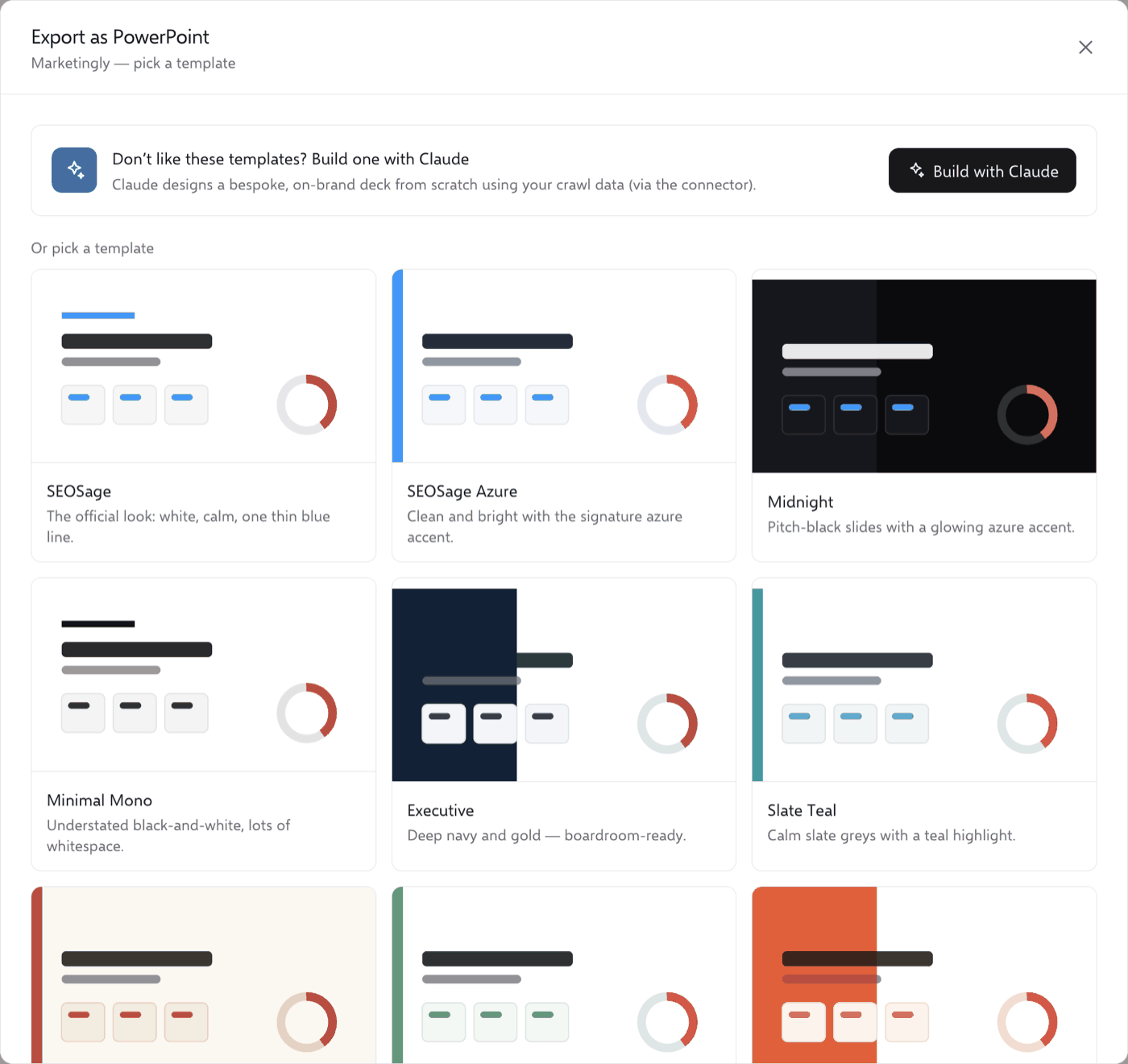 SEOSage Export as PowerPoint window showing report templates