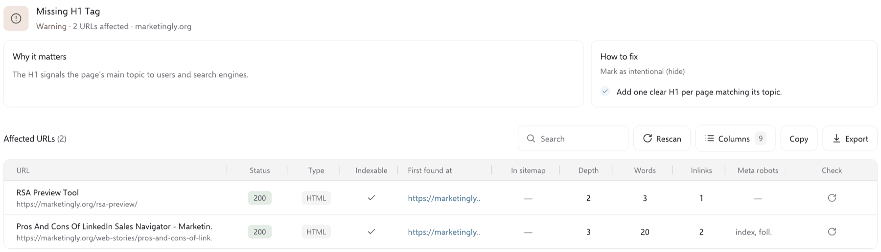 SEOSage issue page for Missing H1 Tag with the affected URLs and a re-check button on each row